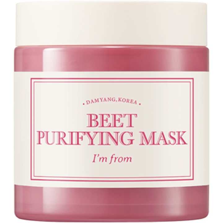 I'm from Beet Purifying Mask syväpuhdistava kasvonaamio punajuuren sävyisessä purkissa, jossa on valkoinen kansi.