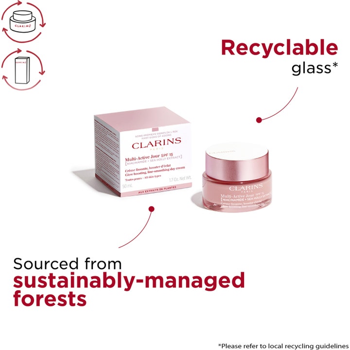 Clarins Multi-Active Jour 50 ml päivävoide SPF15 lasipurkissa ja kestävästi tuotetussa pahvipakkauksessa.
