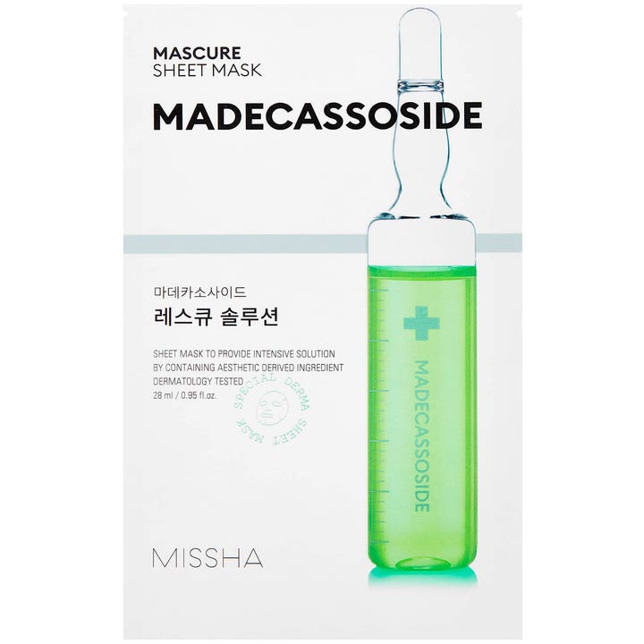 Missha Mascure Sheet Mask Madecassoside 28 ml rauhoittava kangasmaski valkoisessa pakkauksessa vihreällä ampullikuvalla