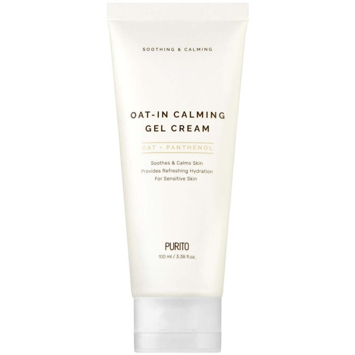 Purito Oat-In Calming Gel Cream 100 ml rauhoittava kaurageelivoide valkoisessa tuubissa, jossa on läpinäkyvä korkki.