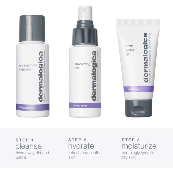 Dermalogica Sensitive Skin Rescue Kit rauhoittava ihonhoitosetti sisältää puhdistusaineen, suihkeen ja geelivoiteen.