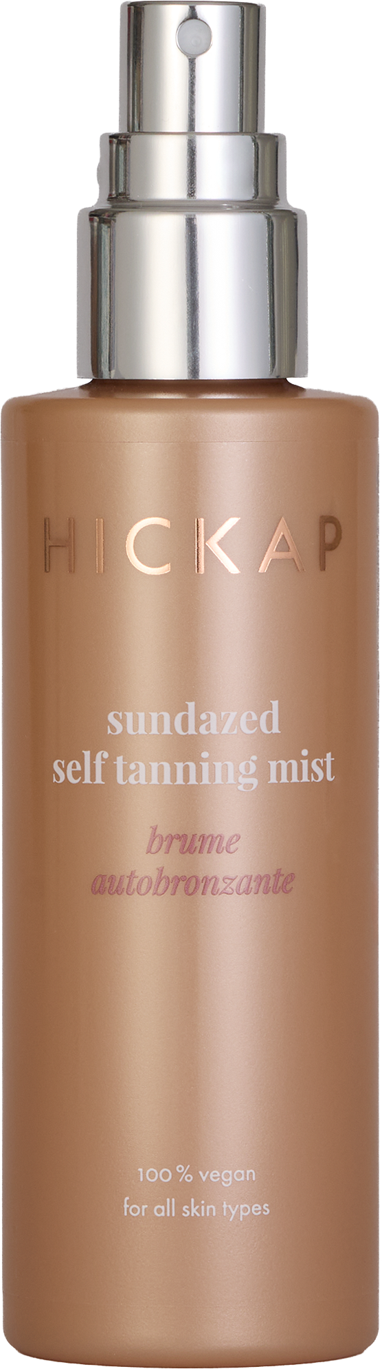 Hickap Sundazed Self Tanning Mist itseruskettava suihke antaa hehkun pronssinhohtoisessa pullossa hopeisella pumpulla.