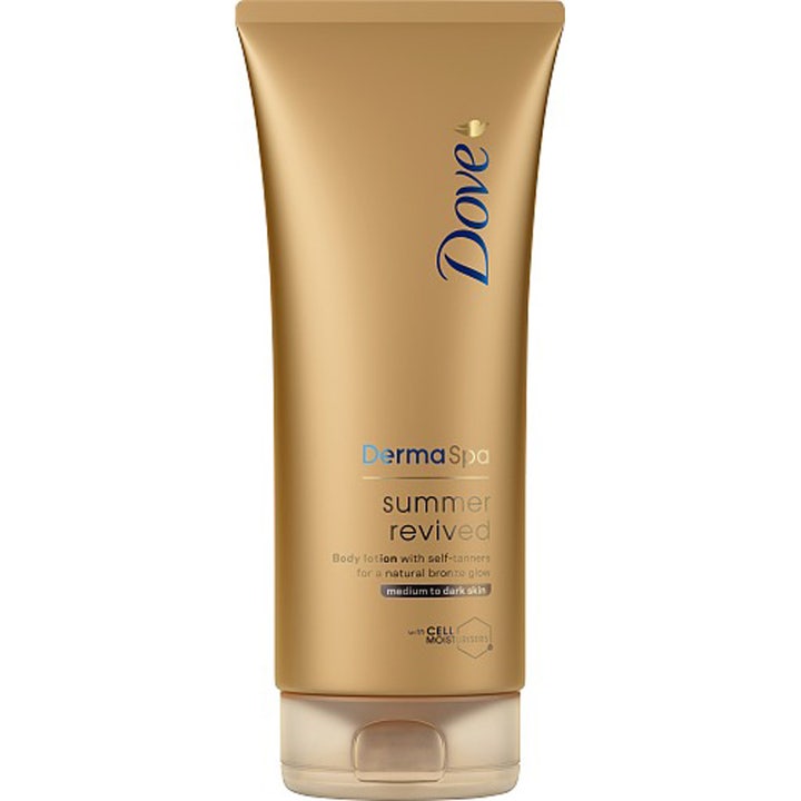 Dove DermaSpa Summer Revived 200 ml päivettävä vartalovoide luonnolliseen hehkuun kullanhohtoisessa tuubissa