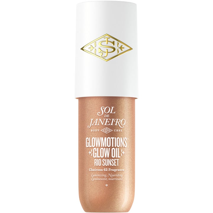 Sol de Janeiro Glowmotions Rio Sunset 75 ml heleyttävä vartaloöljy valkoisella korkilla ja kimaltelevalla sisällöllä.
