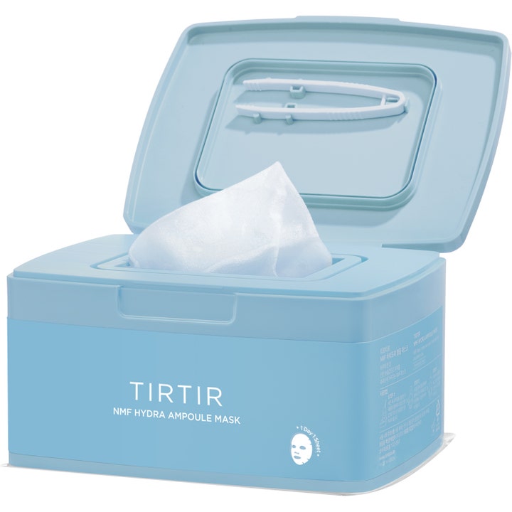 TIRTIR NMF Hydra Ampoule Mask 30 kpl kosteuttava kangasnaamio avatussa vaaleansinisessä rasiassa valkoisilla pinseteillä.
