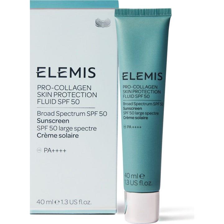 Elemis Pro-Collagen Skin Protection Fluid 40 ml SPF 50 aurinkovoide kasvoille suojaa ihoa sinisessä tuubissa ja rasiassa.