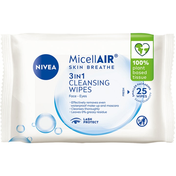 NIVEA MicellAIR Expert Wipes 25 kpl puhdistusliinat poistavat vedenkestävän meikin valkoisessa pakkauksessa