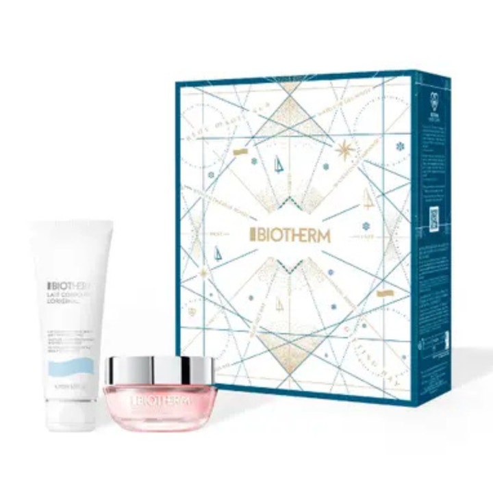 Biotherm Aquasource Hyalu Plump Gel kosteuttava lahjasetti vaaleanpunaisessa lasipurkissa ja valkoisessa tuubissa.