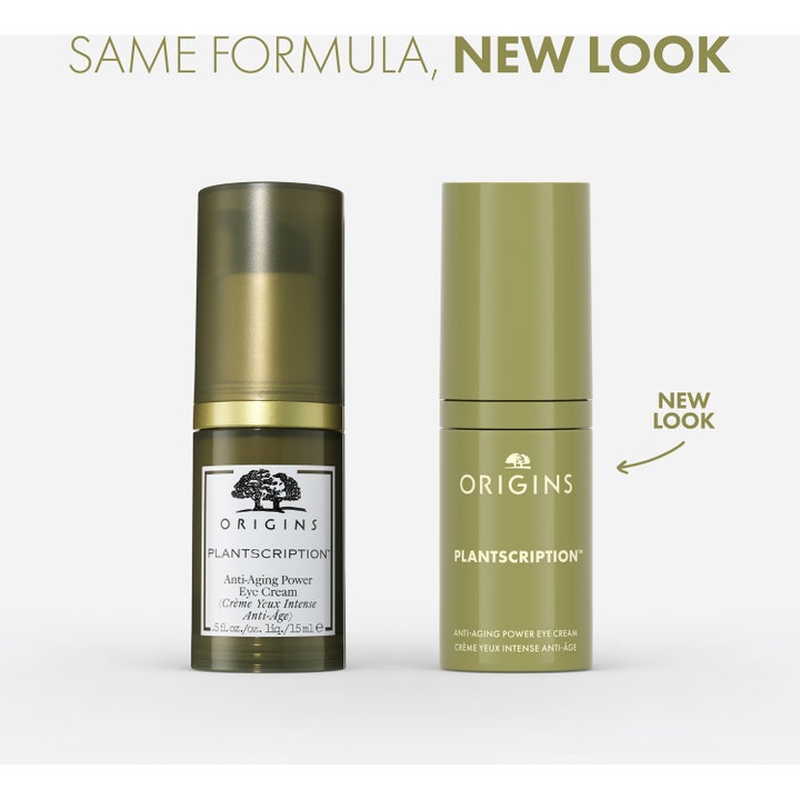 Origins Plantscription Anti-Aging Power Eye Cream 15 ml silmänympärysvoide esittelee uuden oliivinvihreän pakkauksen.