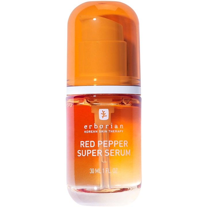Erborian Red Pepper Super Serum 30 ml heleyttävä kasvoseerumi oranssissa lasipullossa, jossa on oranssi pumppu.