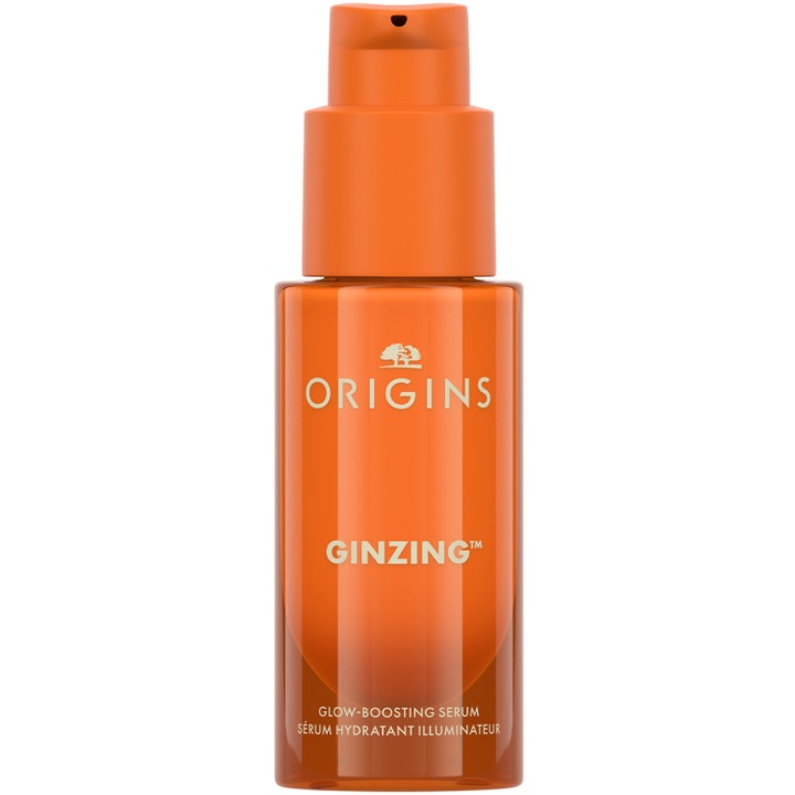 Origins GinZing Glow-Boosting Serum 30 ml heleyttävä seerumi oranssissa läpinäkyvässä pumppupullossa