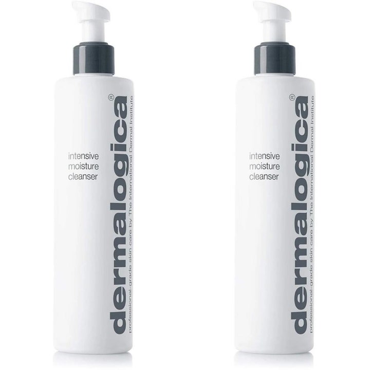 Dermalogica Intensive Moisture Cleanser duo kosteuttava puhdistusaine kaksi valkoista pumppupulloa mustalla tekstillä