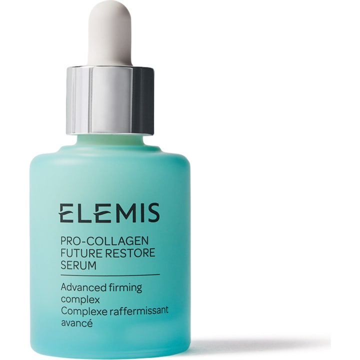 Elemis Pro Collagen Future Restore Serum 30 ml kiinteyttävä seerumi turkoosissa huurelasipullossa hopeapipetillä