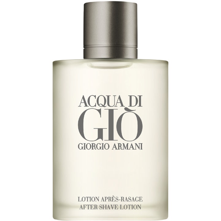 Giorgio Armani Acqua di Giò 100 ml After Shave Lotion rauhoittaa ihoa huurteisessa lasipullossa, jossa on harmaa korkki.