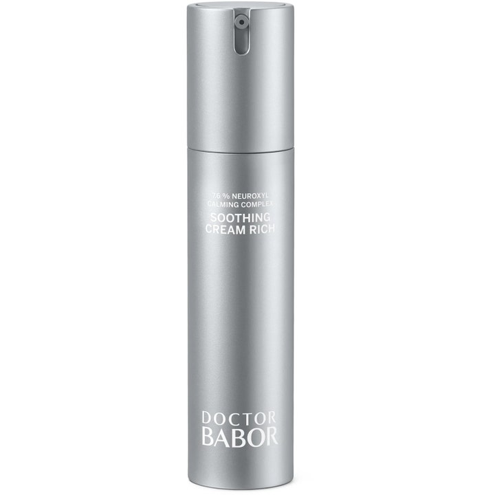Doctor Babor Soothing Cream Rich rauhoittava kasvovoide 50 ml hopeisessa mattapintaisessa pumppupullossa.