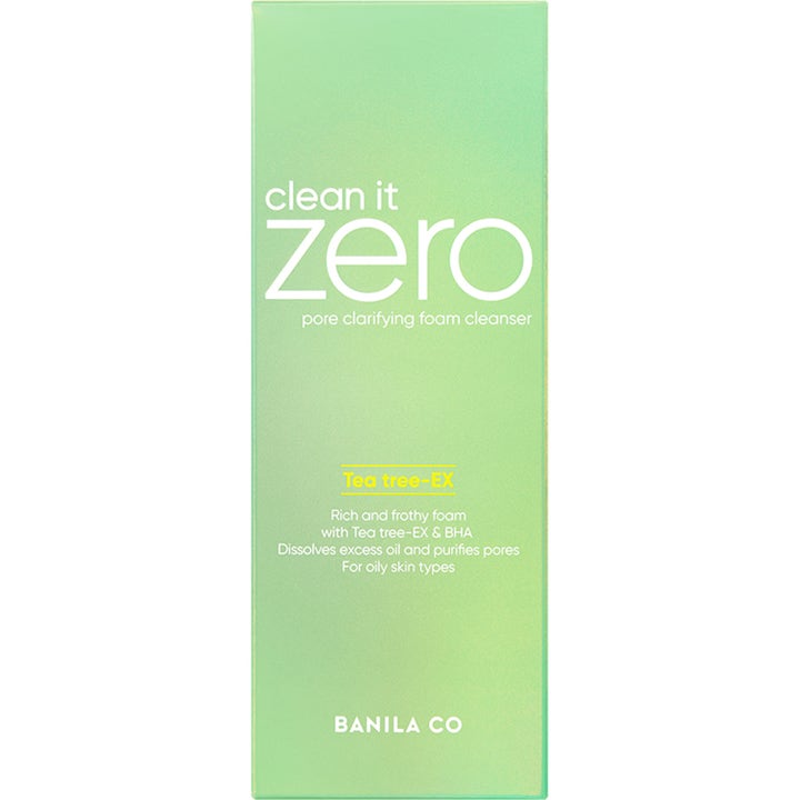 Banila Co Clean It Zero Pore Clarifying Foam Cleanser 150 ml puhdistusvaahto teepuulla ja BHA:lla vihreässä rasiassa.