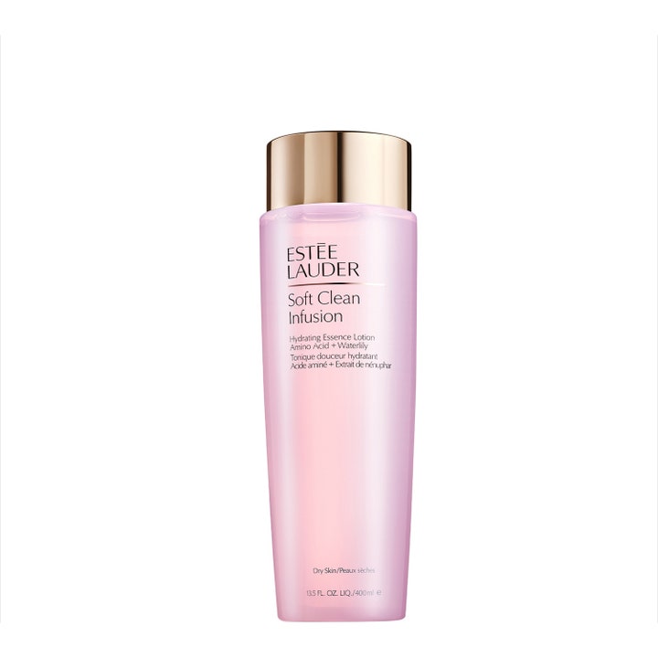 Estée Lauder Soft Clean Infusion 400 ml kosteuttava hoitoneste vaaleanpunaisessa pullossa kultaisella korkilla.