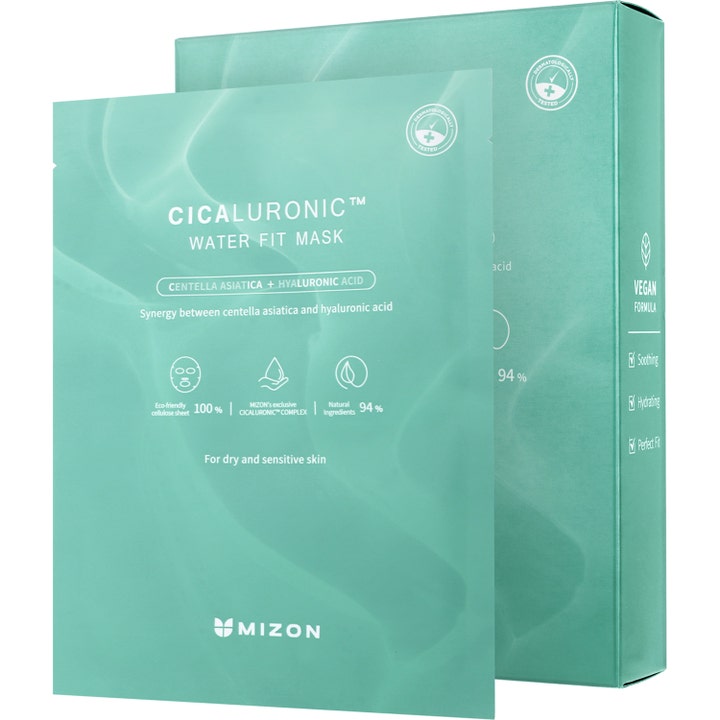 Mizon Cicaluronic Water Fit Mask 24 g rauhoittava kangasnaamio mintunvihreässä pussissa ja pakkauksessa