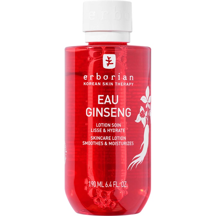Erborian Eau Ginseng 190 ml ihoa silottava ja kosteuttava kasvovesi punaisessa läpinäkyvässä pullossa.