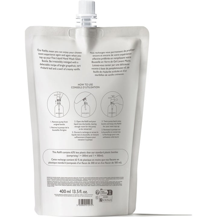 Molton Brown Delicious Rhubarb & Rose 400 ml käsisaippua täyttöpussi näyttää käyttöohjeet ja ainesosat takaa.