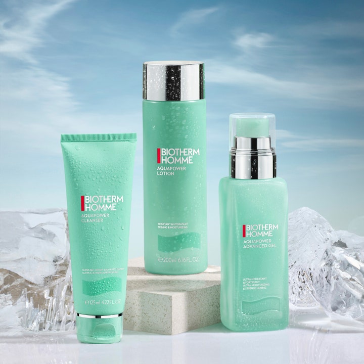Biotherm Homme Aquapower Advanced Moisturizing Gel 75 ml kosteuttava kasvovoide turkooseissa pulloissa jääpalojen keskellä