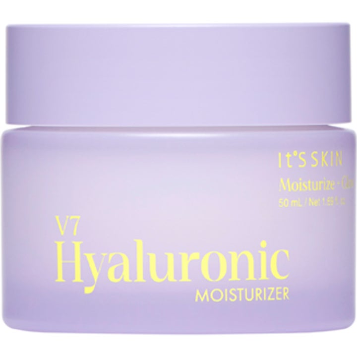 It'S SKIN V7 Hyaluronic Moisturizer 50 ml hehkua antava kasvovoide huurteisessa liilassa lasipurkissa.