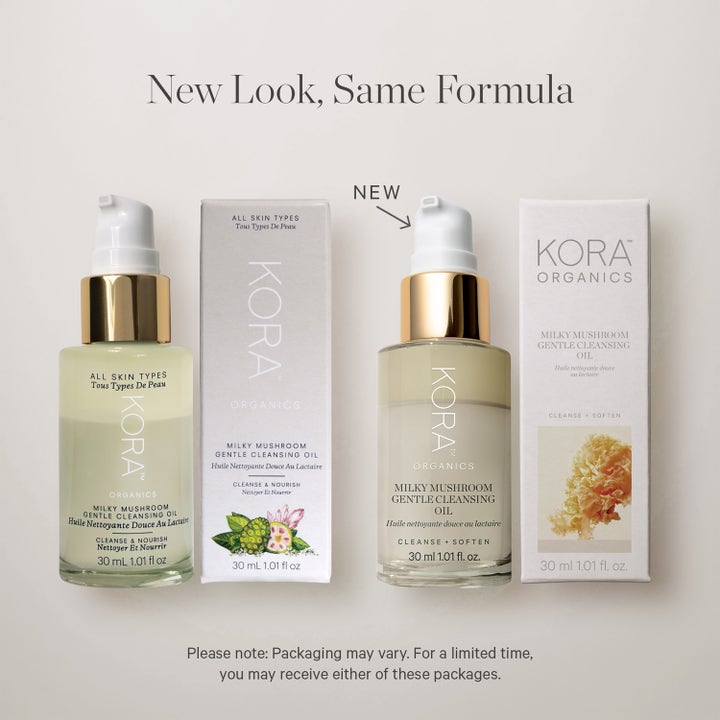 KORA Organics Milky Mushroom Gentle Cleansing Oil 30 ml pehmentävä puhdistusöljy uuden ja vanhan pakkauksen rinnalla.