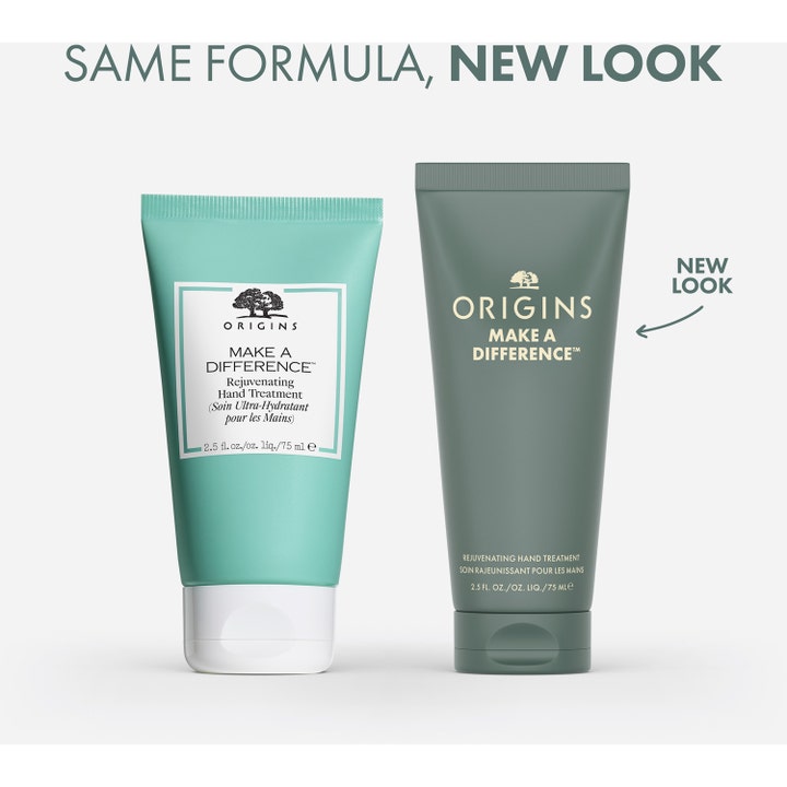 Origins Make a Difference 75 ml uudistava käsivoide vanhassa ja uudessa vihreässä tuubissa.