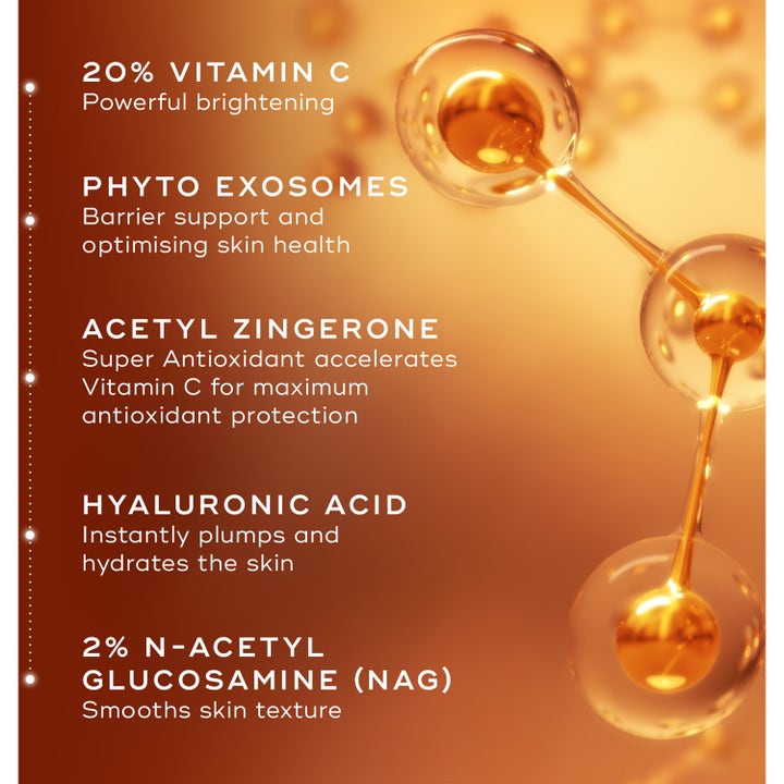 Medik8 C-Tetra Advanced 30 ml kirkastava seerumi sisältää 20% C-vitamiinia ja hyaluronihappoa oranssilla pohjalla.