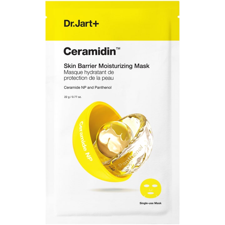 Dr. Jart+ Ceramidin Skin Barrier Moisturizing Mask 22 g kosteuttava kasvonaamio keltaisessa ja valkoisessa pussissa