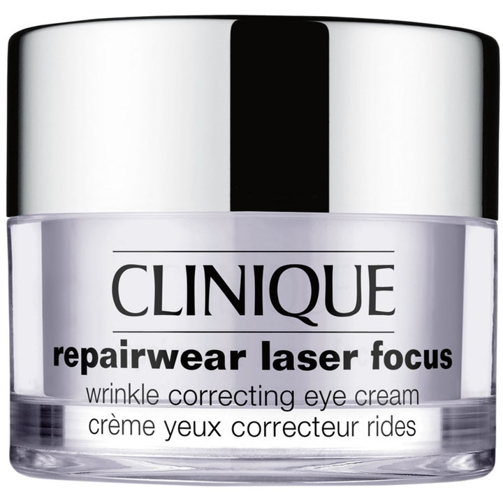 Clinique Repairwear Laser Focus 15 ml ryppyjä silottava silmänympärysvoide kirkkaassa lasipurkissa hopeisella korkilla