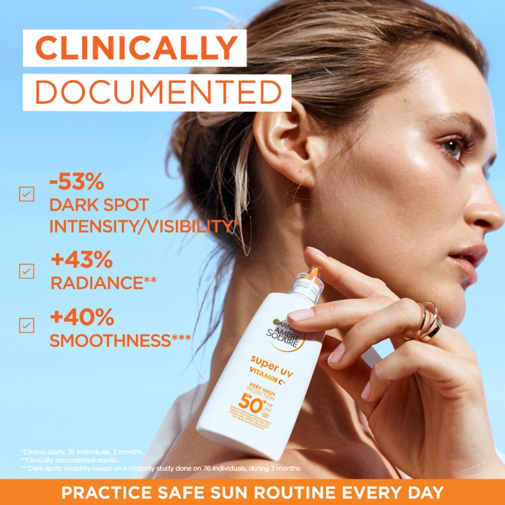Garnier Ambre Solaire Super UV Vitamin C 40 ml aurinkovoide heleyttää ihoa ja vähentää pigmenttiläiskiä.