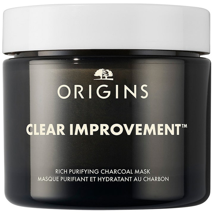 Origins Clear Improvement Rich Purifying Charcoal Mask puhdistava kasvonaamio mustassa purkissa valkoisella kannella.