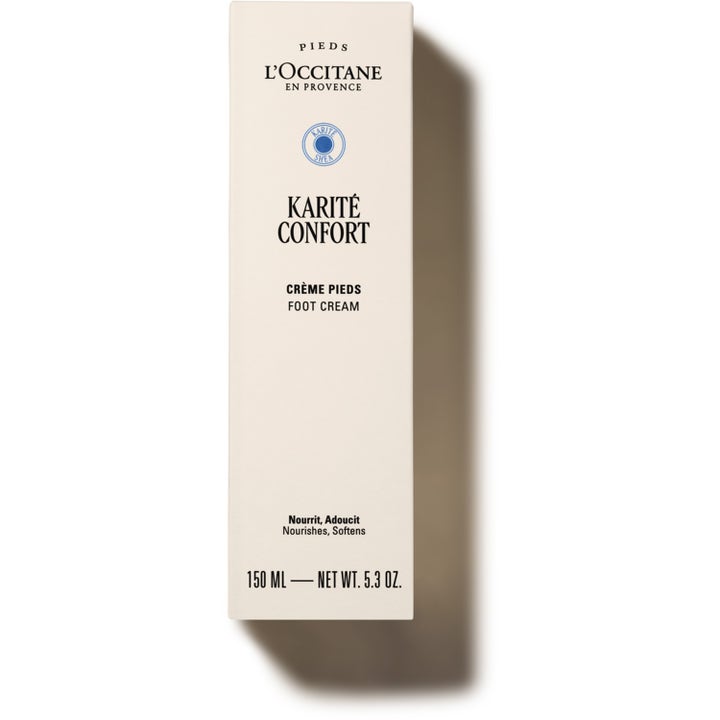 L'Occitane en Provence Shea Butter Foot Cream 150 ml ravitseva jalkavoide vaaleassa pahvipakkauksessa.