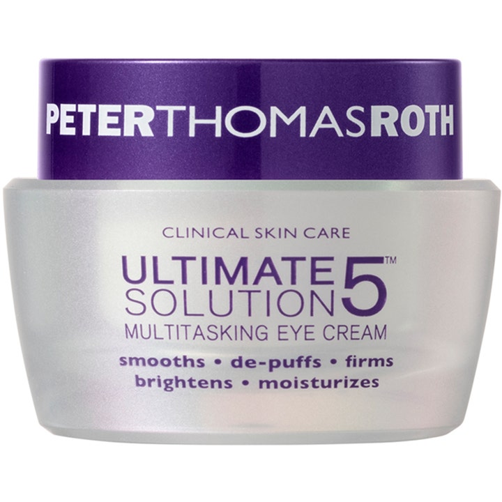 Peter Thomas Roth Ultimate Solution 5 Eye Cream kirkastava silmänympärysvoide hopeisessa purkissa violetilla korkilla.