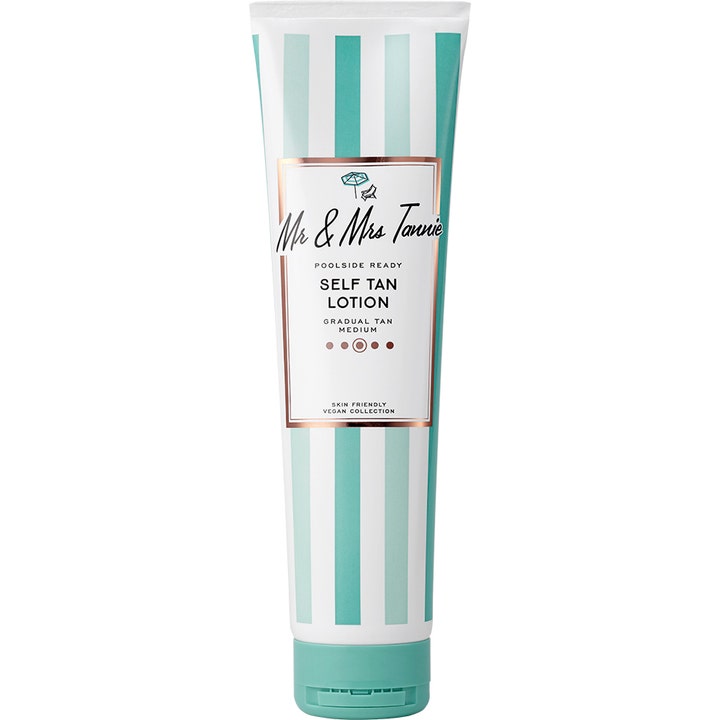 Mr & Mrs Tannie Self Tan Lotion Gradual Tan Medium itseruskettava voide mintunvihreässä raidallisessa tuubissa.