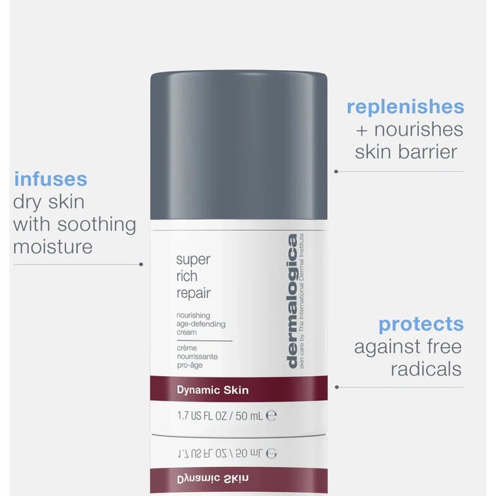 Dermalogica Super Rich Repair 50 ml ravitseva kasvovoide harmaalla korkilla kosteuttaa ja vahvistaa ihon suojakerrosta.