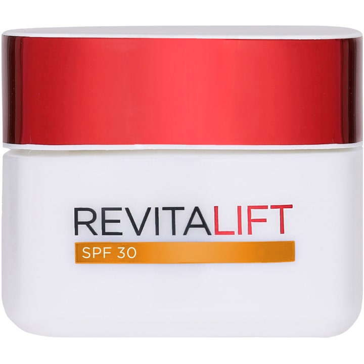 L'Oréal Paris Revitalift 50 ml silottava päivävoide SPF 30 valkoisessa purkissa, jossa on kiiltävä punainen kansi