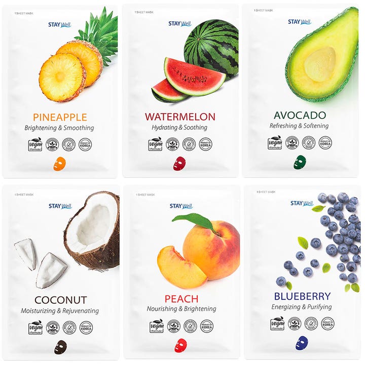 Stay Well Sheet Mask -kangasnaamiot kuuden pakkauksessa kirkastavat ja kosteuttavat ihoa hedelmäuutteilla.