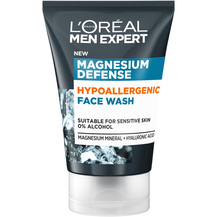 L'Oréal Men Expert Magnesium Defense 100 ml puhdistusgeeli herkälle iholle harmaassa tuubissa valkoisella korkilla.