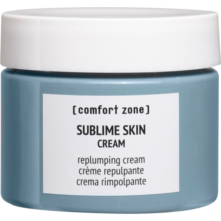 Comfort Zone Sublime Skin Cream kiinteyttävä ja täyteläistävä kasvovoide harmaansinisessä lasipurkissa.