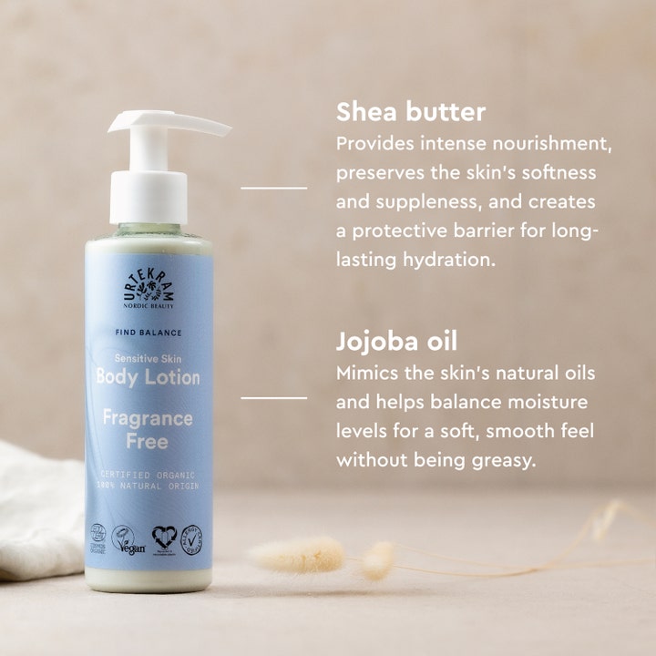 Urtekram Body Lotion Fragrance Free 245 ml hajusteeton vartalovoide pumppupullossa karitevoilla ja jojobaöljyllä
