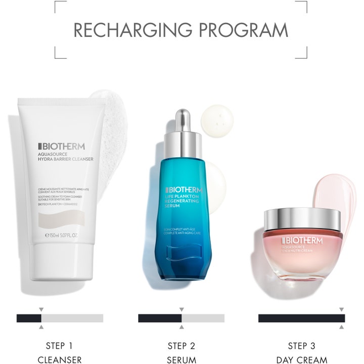 Biotherm Aquasource Cica Nutri 50 ml kosteuttava päivävoide osana kolmivaiheista Recharging Program -rutiinia.