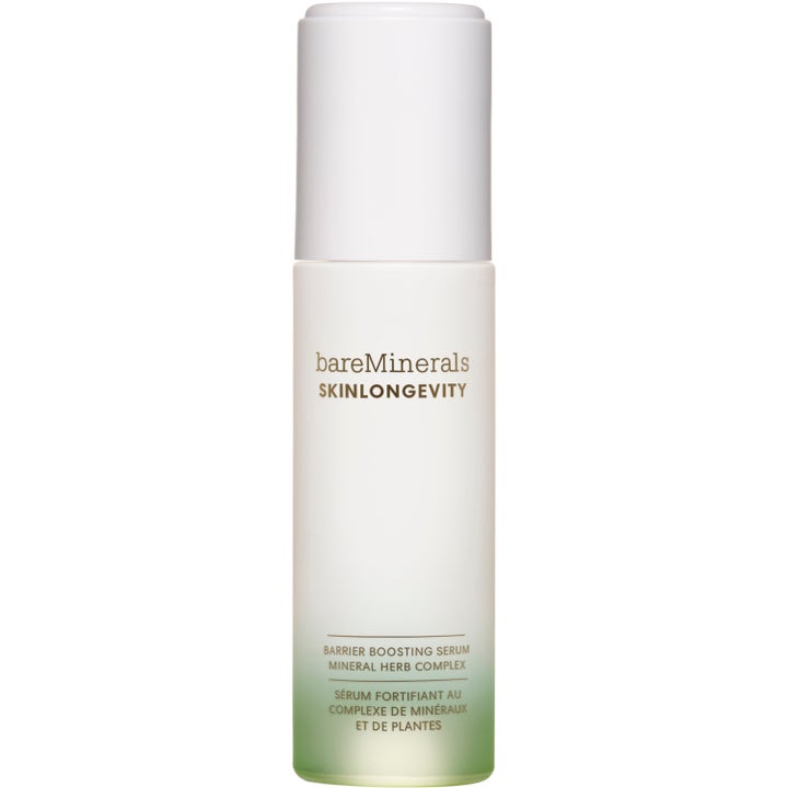 bareMinerals Skinlongevity Barrier Boosting Serum 50 ml vahvistava kasvoseerumi valkoisessa pullossa vihreällä pohjalla