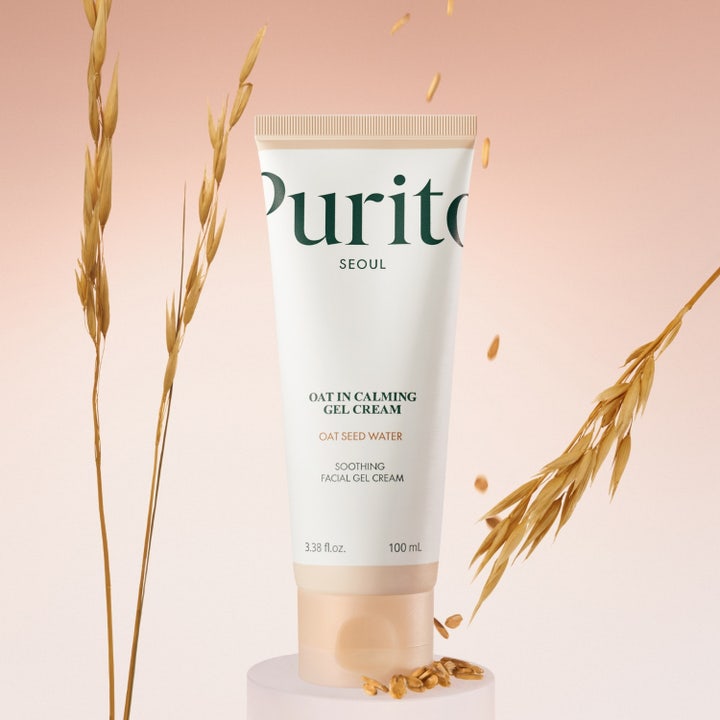Purito Oat-in Calming Gel Cream 100 ml on rauhoittava geelivoide, jonka kirkas koostumus puristuu valkoisesta tuubista.