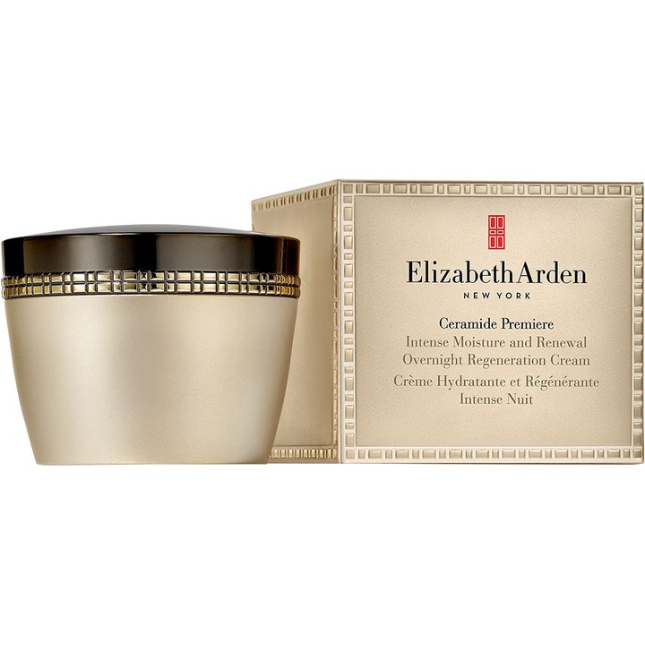 Elizabeth Arden Ceramide Premiere 50ml uudistava yövoide kultaisessa purkissa mustalla kannella ja kultaisella rasialla.