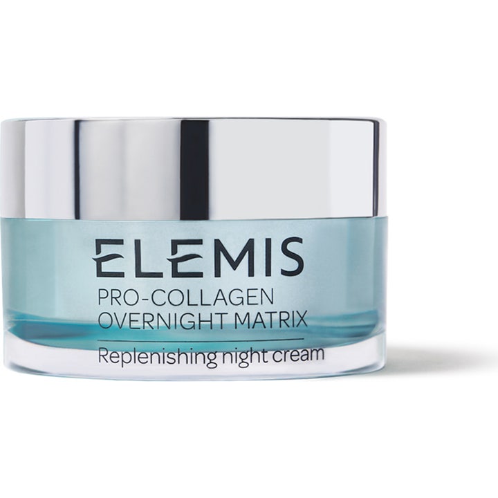 Elemis Pro-Collagen Overnight Matrix 50 ml uudistava yövoide hopeakantisessa vaaleansinisessä lasipurkissa.