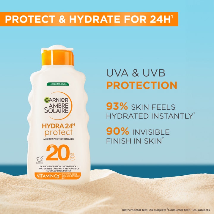 Garnier Ambre Solaire Hydra 24H Protect 175 ml SPF20 aurinkosuojavoide hiekalla Vitamin Cg -koostumuksella.