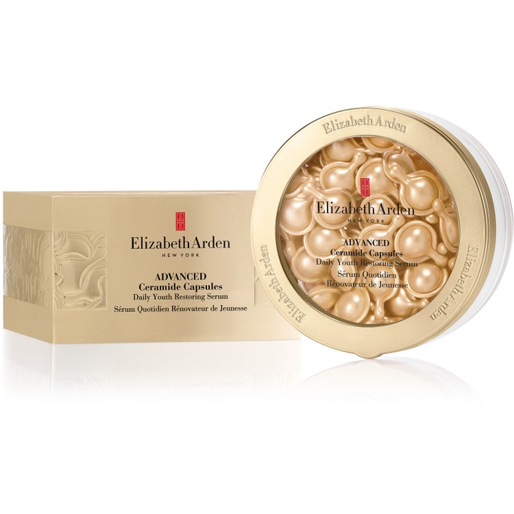 Elizabeth Arden Advanced Ceramide 60 kapselia silottava seerumi kultaisessa rasiassa ja pakkauksessa.
