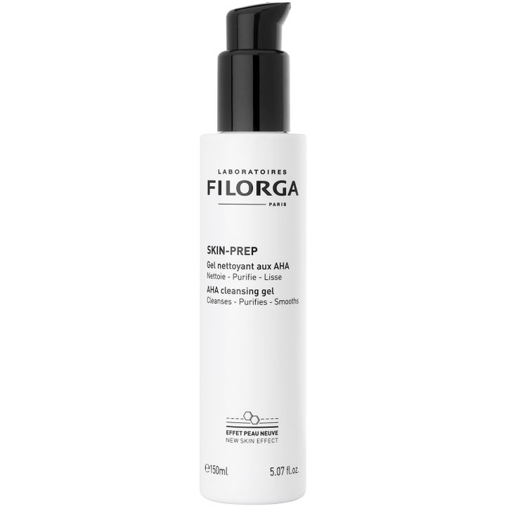 Filorga Skin-Prep AHA Cleansing Gel 150 ml puhdistusgeeli valkoisessa pumppupullossa mustalla korkilla.
